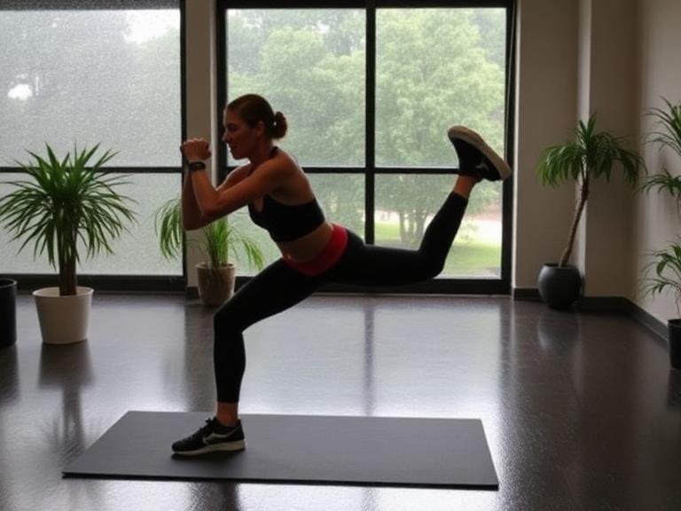 Person performing indoor workout at home during the monsoon season.
